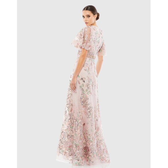 Mac Duggal 67880 Size 8 Pink Green Floral Embellished Short Sleeve Gown‎ Dress - Picture 4 of 4